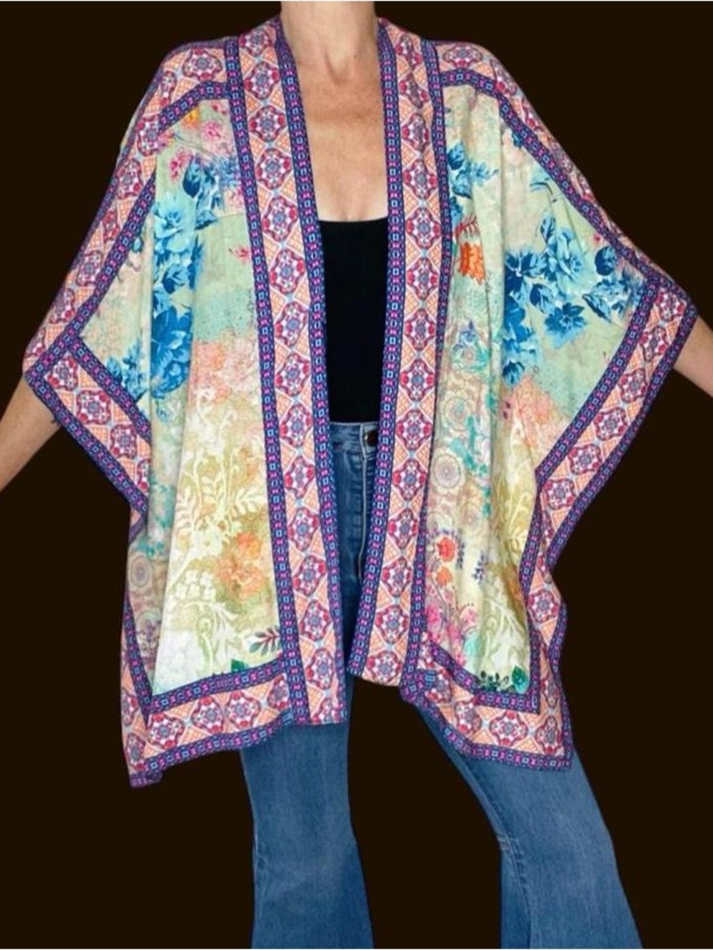 Tolani Collection Colorful Floral Open Kimono Cardigan